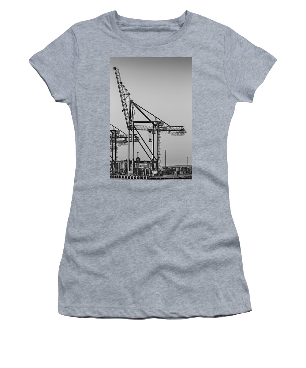 Crane Women's T-Shirt featuring the photograph Global Containers Terminal Cargo Freight Cranes BW by Susan Candelario