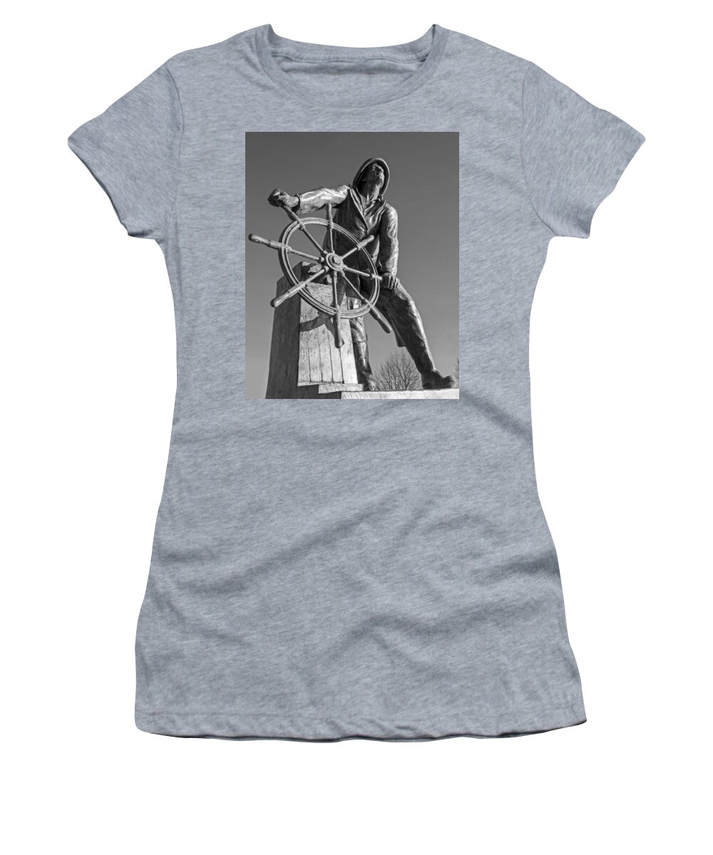 Gloucester Women's T-Shirt featuring the photograph Gloucester Fisherman's Memorial Statue Black and White by Toby McGuire