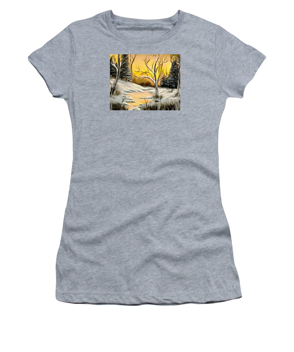 Winter Women's T-Shirt featuring the painting Golden Birch By Crystal Creek Winter Mirage by Claude Beaulac