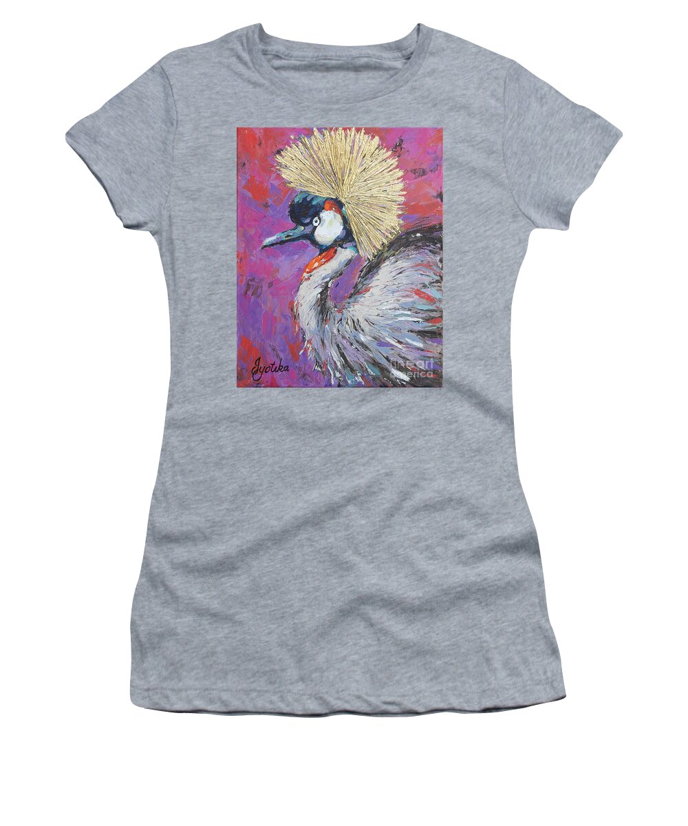 Grey Crowned Crane Women's T-Shirt featuring the painting Golden Crown by Jyotika Shroff