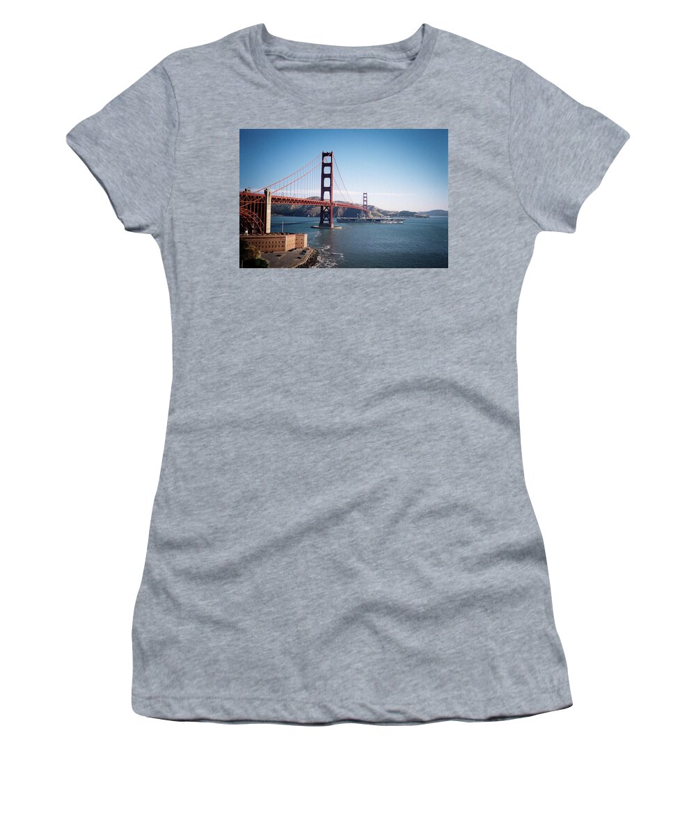 America Women's T-Shirt featuring the photograph Golden Gate Bridge With Aircraft Carrier by Frank DiMarco