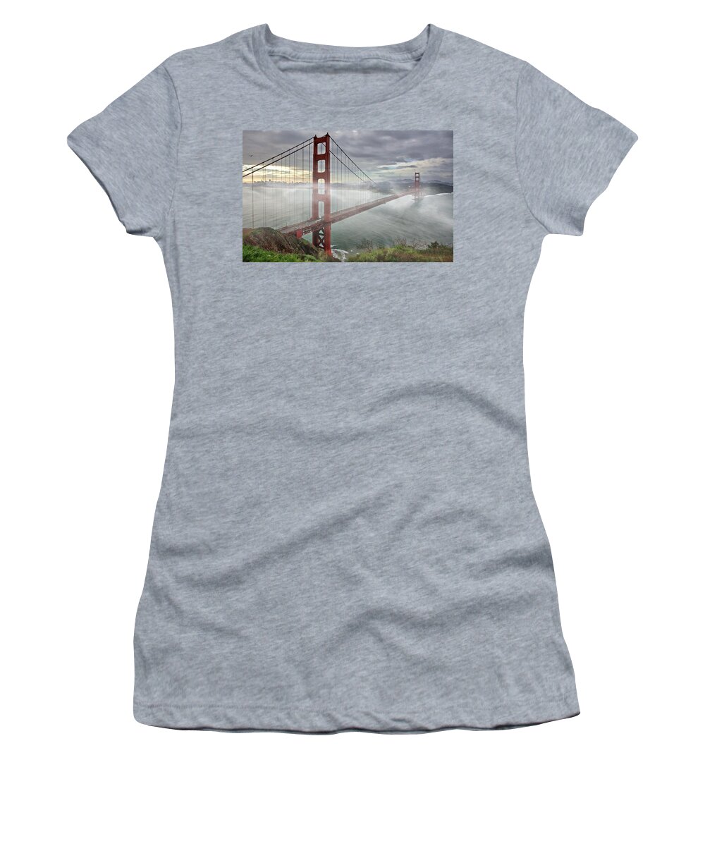 Photography By Suzanne Stout Women's T-Shirt featuring the photograph Golden Gate Fog by Suzanne Stout