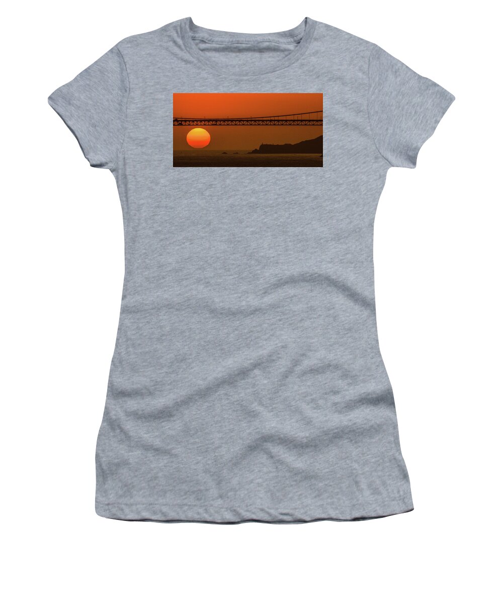 San Francisco Golden Gate Bridge Women's T-Shirt featuring the photograph Golden Gate Sunset Point Bonita Lighthouse by Ed Broberg