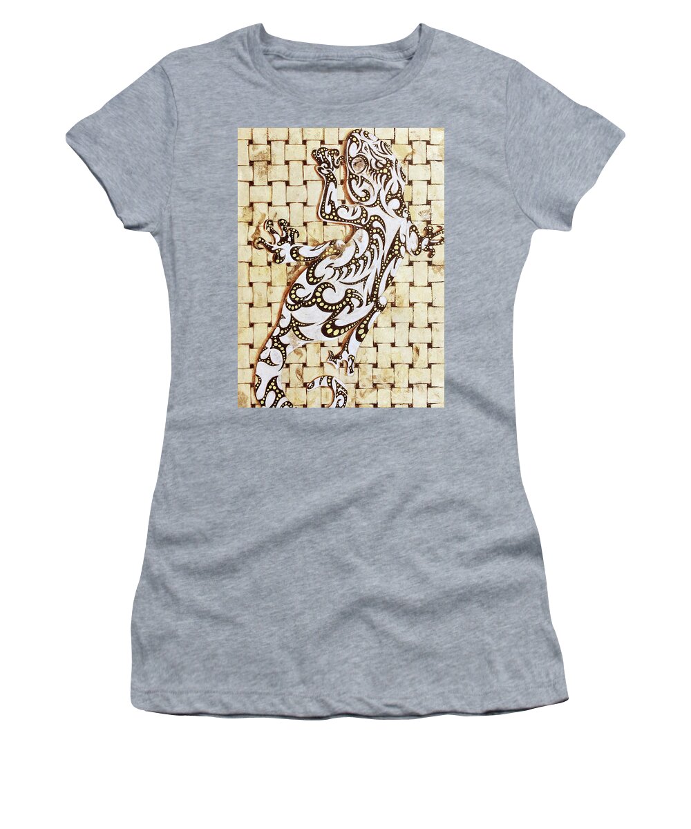 Gecko Women's T-Shirt featuring the painting G O L D E N  . G E C K O by J U A N - O A X A C A