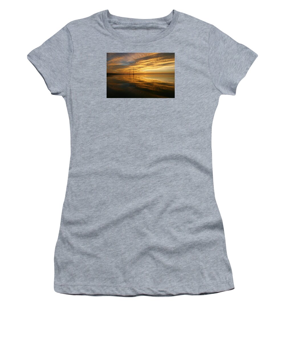 Sky Sunset Sun Night Fall Water Sea Ocean Inlet Gold Golden Women's T-Shirt featuring the photograph Golden Light by Robert Och