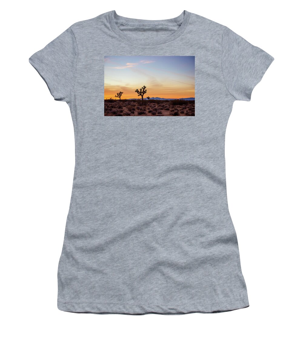 Joshua Tree Women's T-Shirt featuring the photograph Golden Mojave Desert Sunset by Aileen Savage