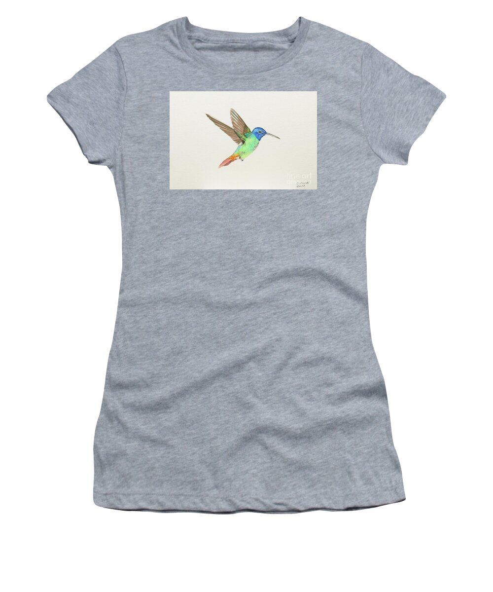 Golden Tailed Sapphire Women's T-Shirt featuring the painting Golden-tailed sapphire by Stefanie Forck