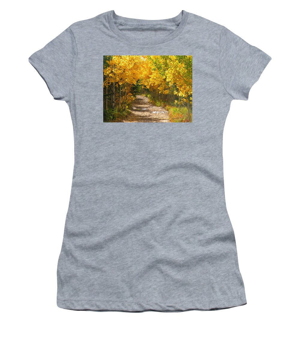 Fall Autumn Walk Path Hike Aspen Rocky Mountains Goldhill Sunny Women's T-Shirt featuring the photograph Golden tunnel by George Tuffy