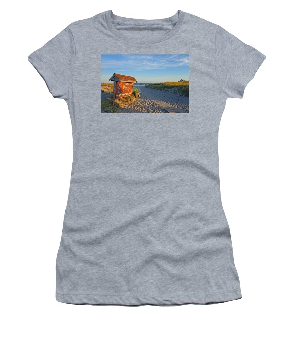 Gloucester Women's T-Shirt featuring the photograph Good Harbor Sign at Sunset by Toby McGuire