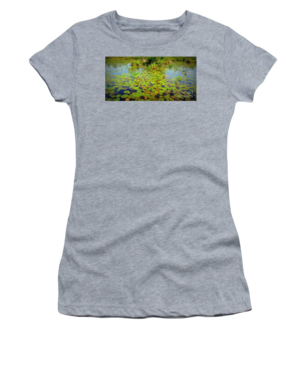 Pondscape Women's T-Shirt featuring the photograph Gorham Pond Lily Pads by Susan Lafleur