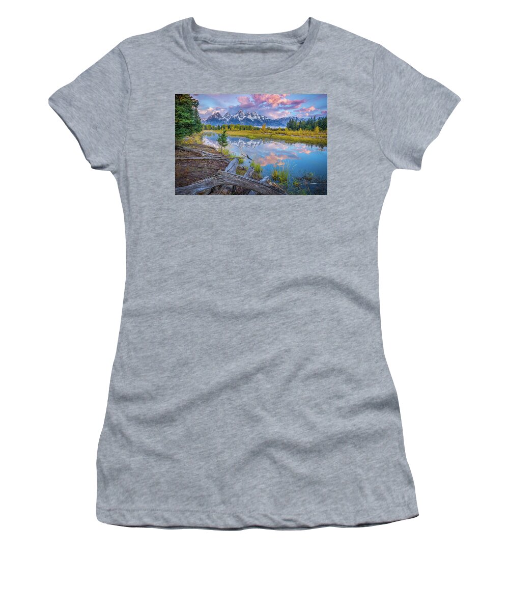 Adventure Women's T-Shirt featuring the photograph Grand Teton Sunrise Reflection by Scott McGuire
