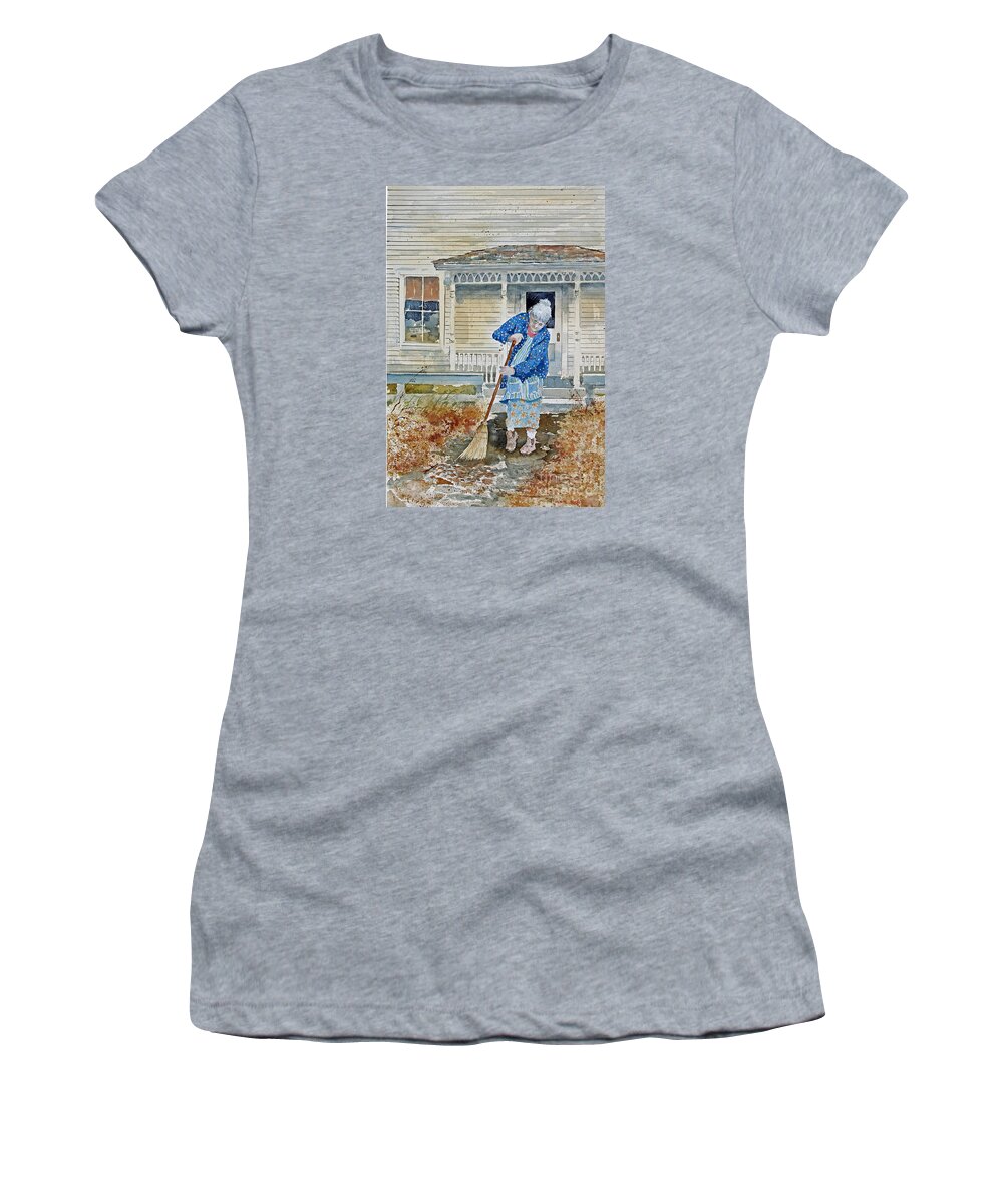 A Grandmother Sweeps The Autumn Leaves Off Her Walk In Front Of Her Home. Women's T-Shirt featuring the painting Grandma by Monte Toon