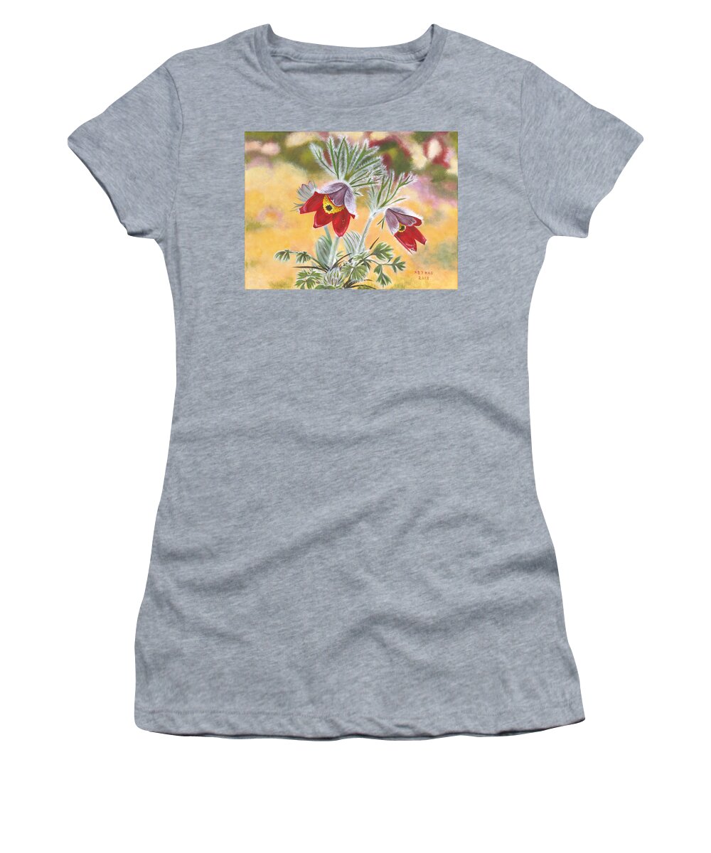Pulsatilla Koreana Women's T-Shirt featuring the painting Granny flowers by Helian Cornwell