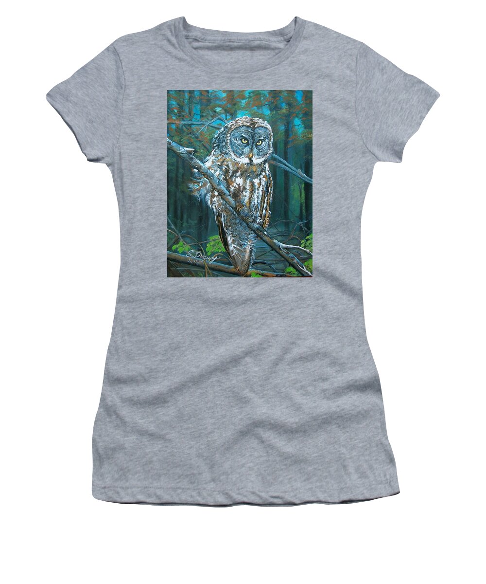 Great Grey Owl Women's T-Shirt featuring the painting Great Grey Owl by Sharon Duguay