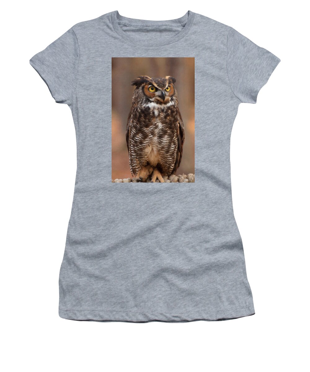 Great Horned Owl Women's T-Shirt featuring the digital art Great Horned Owl Digital Oil by Flees Photos