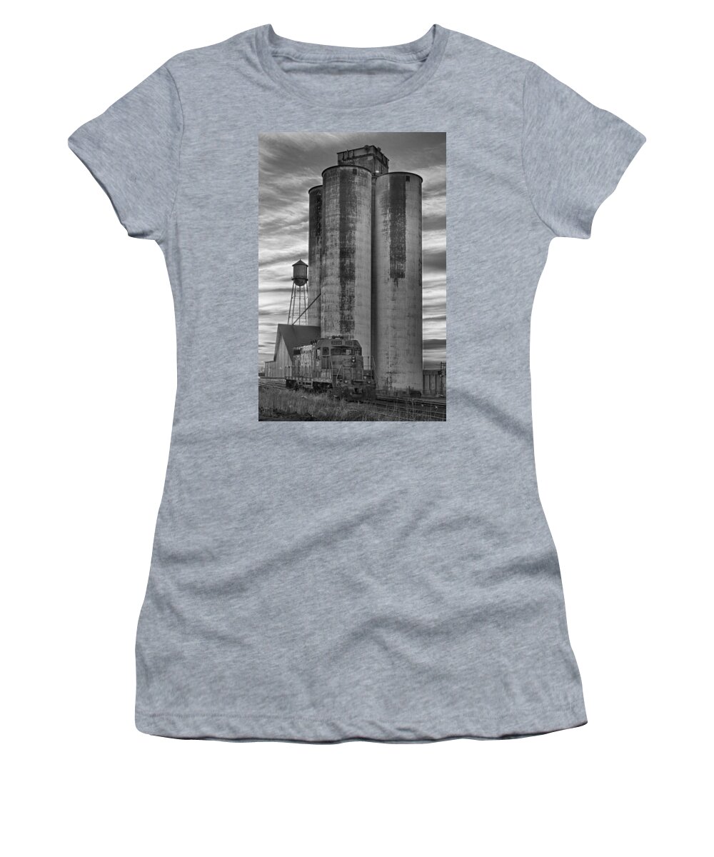 Great Women's T-Shirt featuring the photograph Great Western Sugar Mill Longmont Colorado BW by James BO Insogna