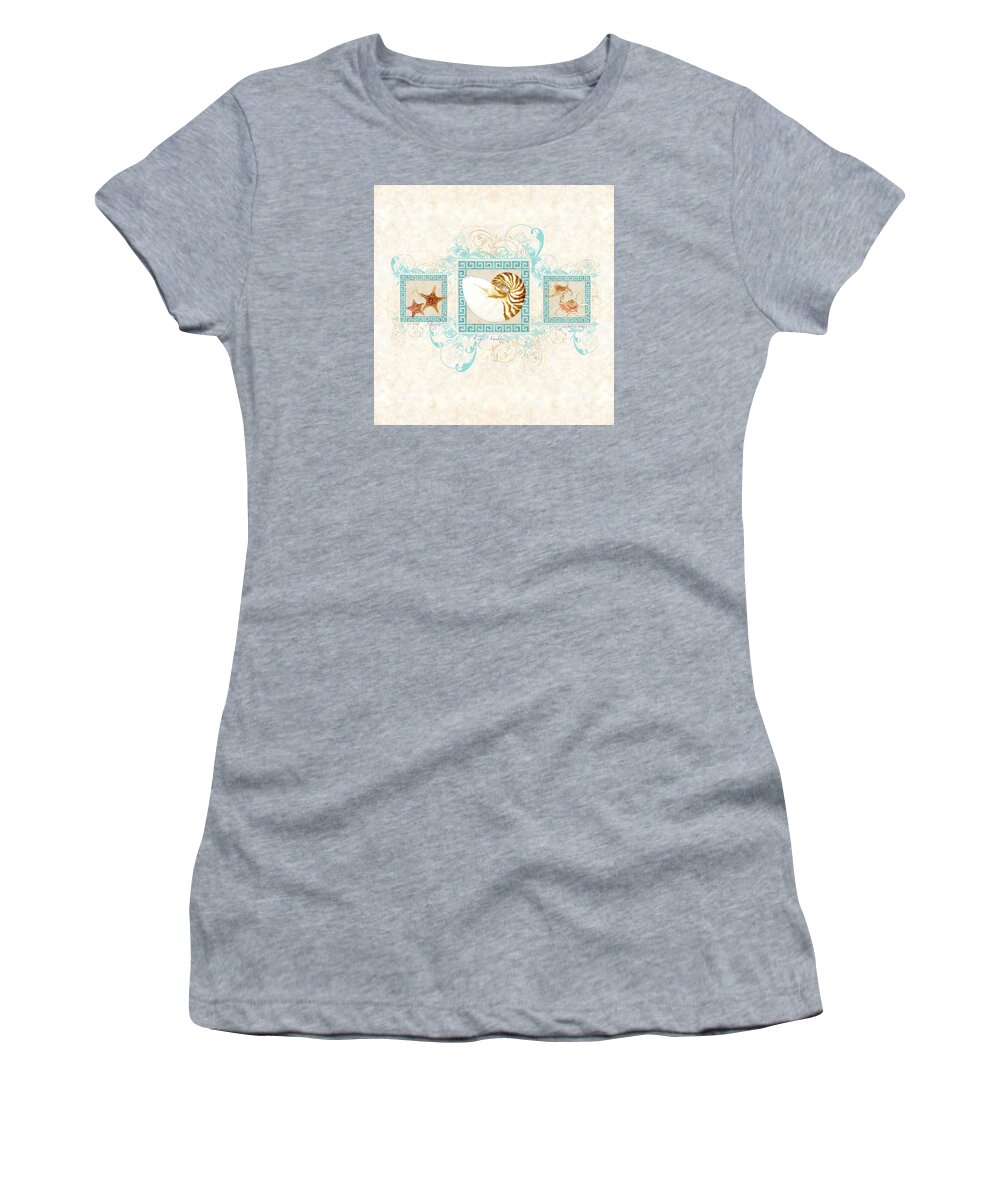 Seashells Women's T-Shirt featuring the painting Greek Key Nautilus Starfish n Conch Shells by Audrey Jeanne Roberts