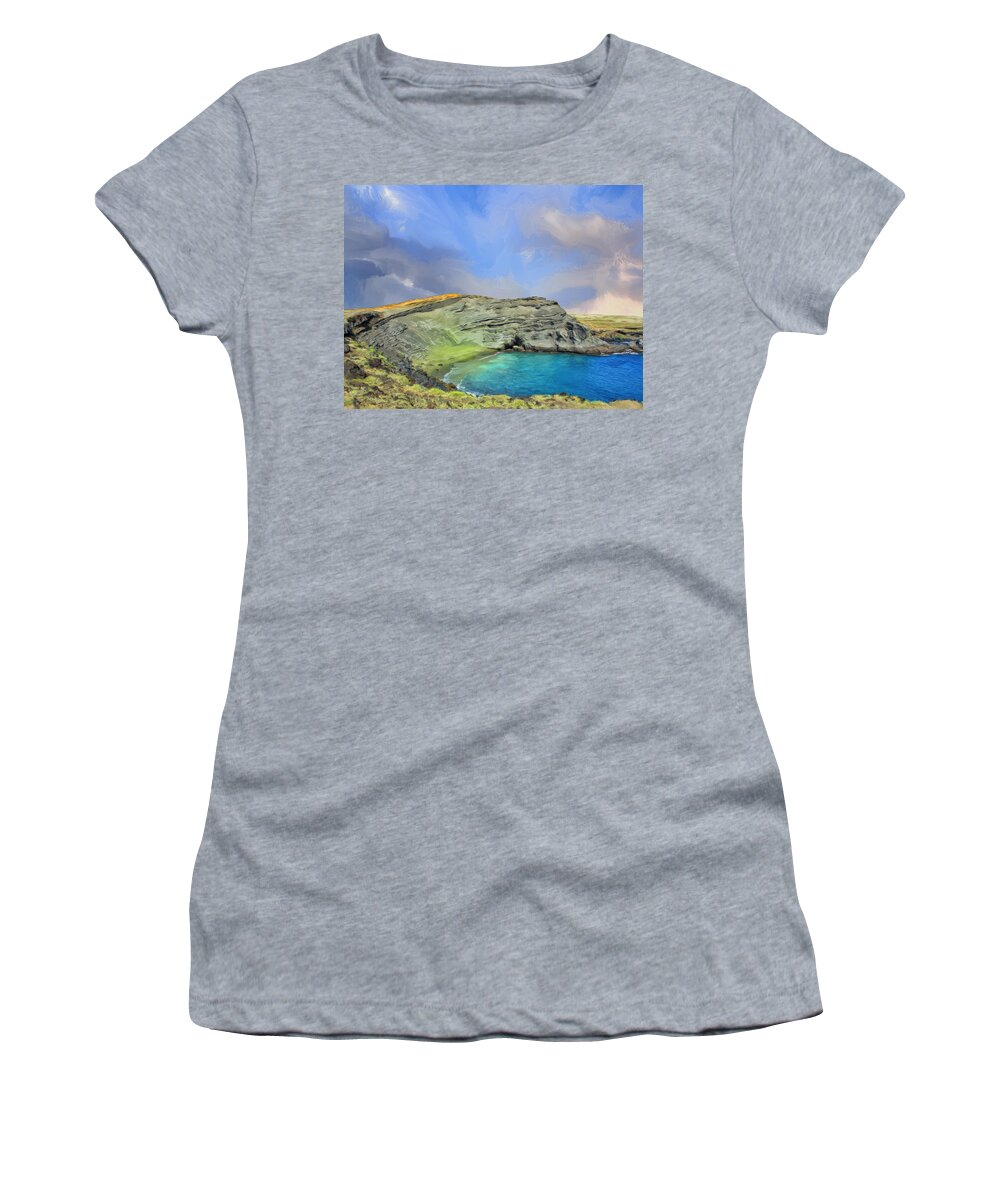 Hawaiian Islands Women's T-Shirt featuring the painting Green Sand Beach at Papakolea by Dominic Piperata