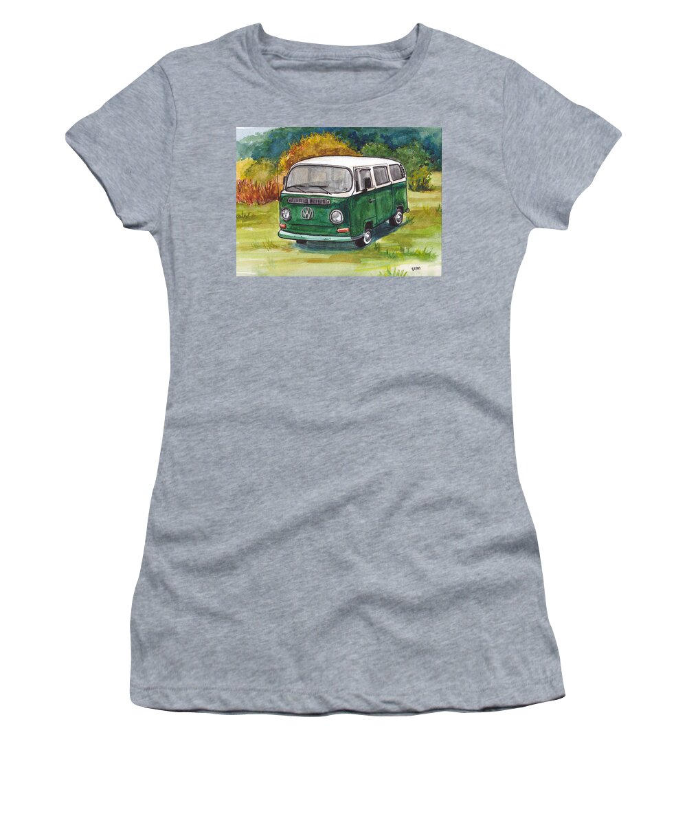 Vw Women's T-Shirt featuring the painting Green VW Bus by Clara Sue Beym