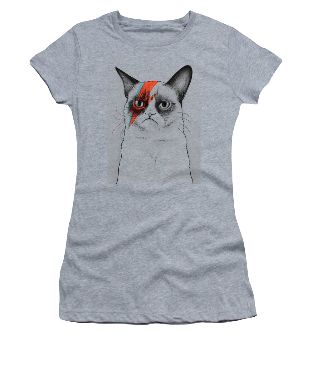 Grumpy Cat Women's T-Shirt featuring the drawing Grumpy Cat as David Bowie by Olga Shvartsur