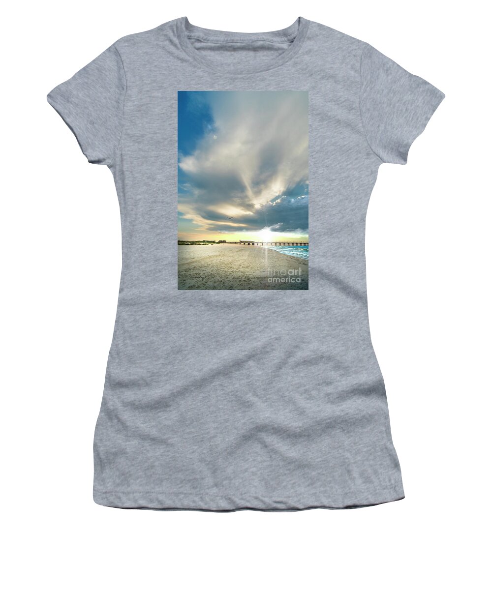 Al Women's T-Shirt featuring the photograph Gulf Shores AL Pier Seascape Sunrise 152A by Ricardos Creations