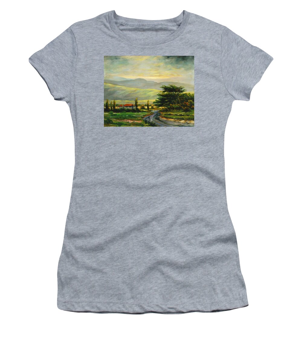 Trees Women's T-Shirt featuring the painting Half moon bay by Rick Nederlof