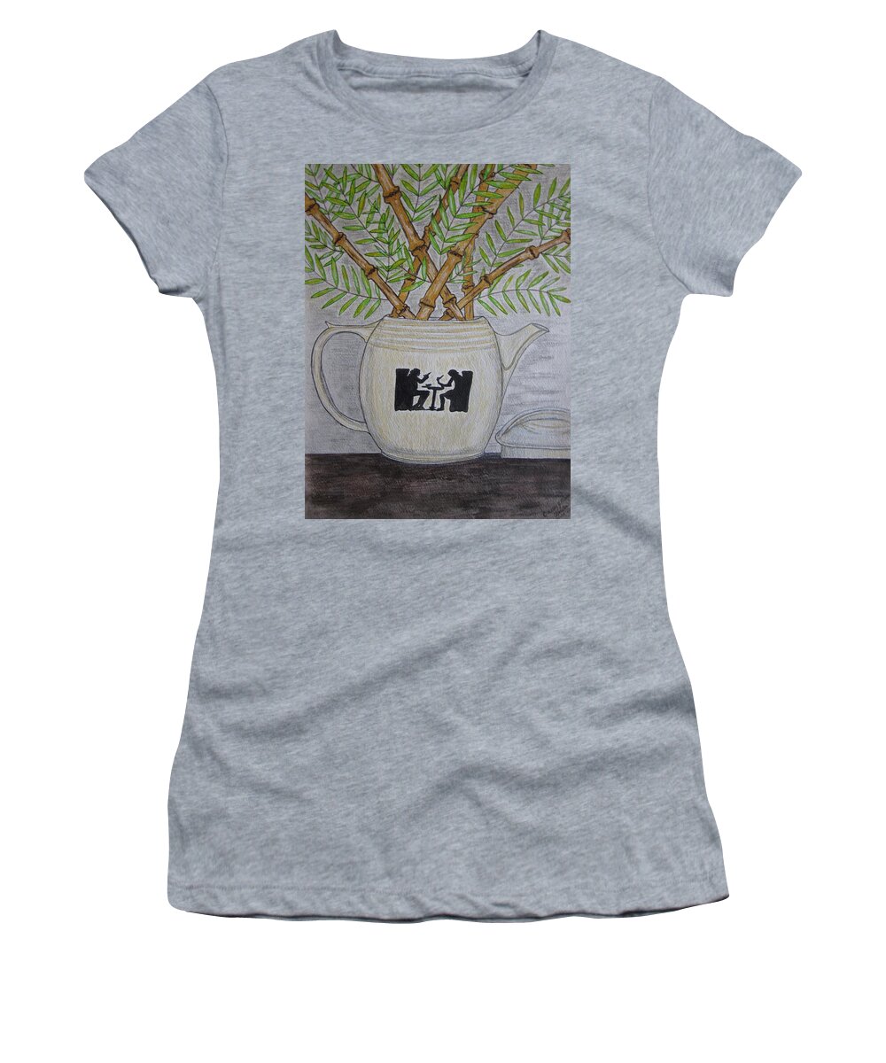 Hall China Women's T-Shirt featuring the painting Hall China Silhouette Pitcher with Bamboo by Kathy Marrs Chandler