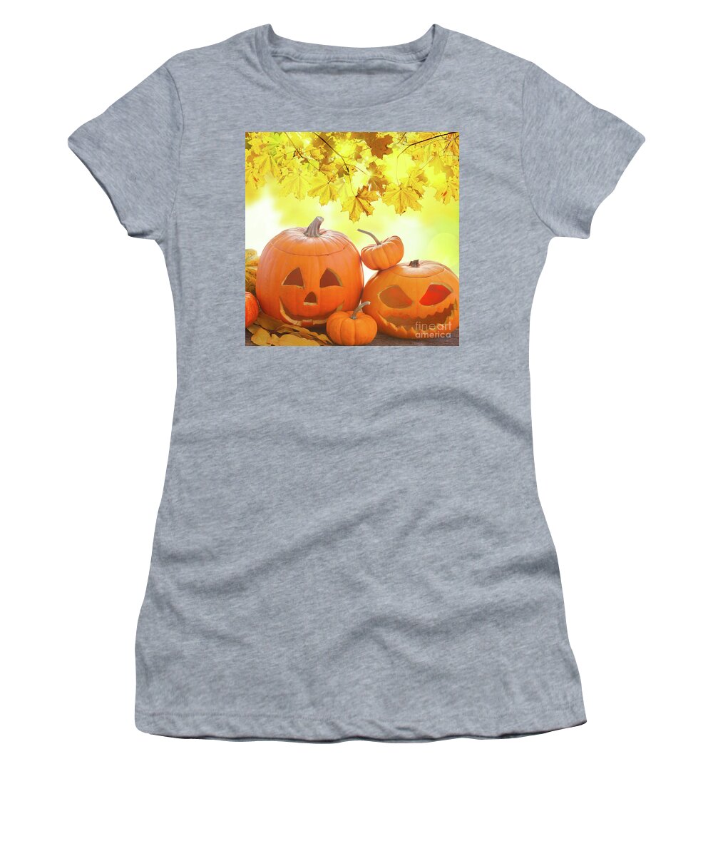 Pumpkin Women's T-Shirt featuring the photograph Halloween pumpkins by Anastasy Yarmolovich