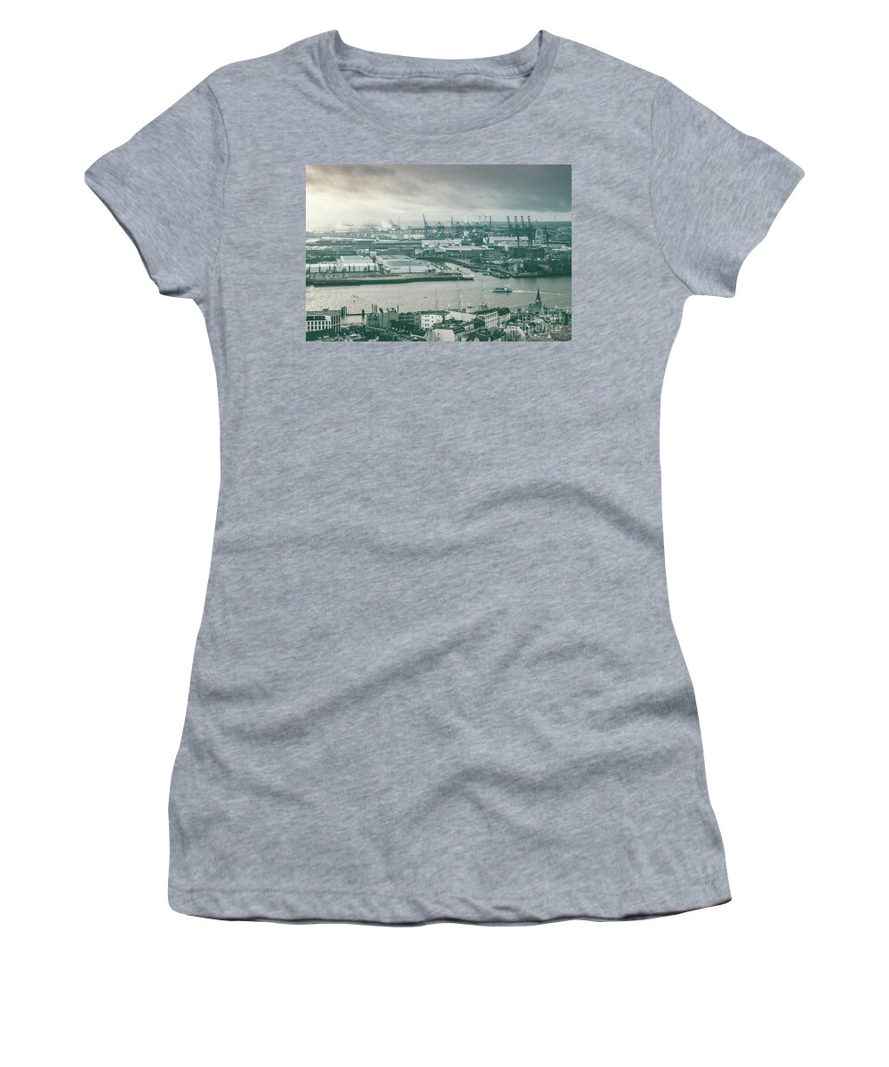 Monochtome Women's T-Shirt featuring the photograph Hamburg Port by Marina Usmanskaya