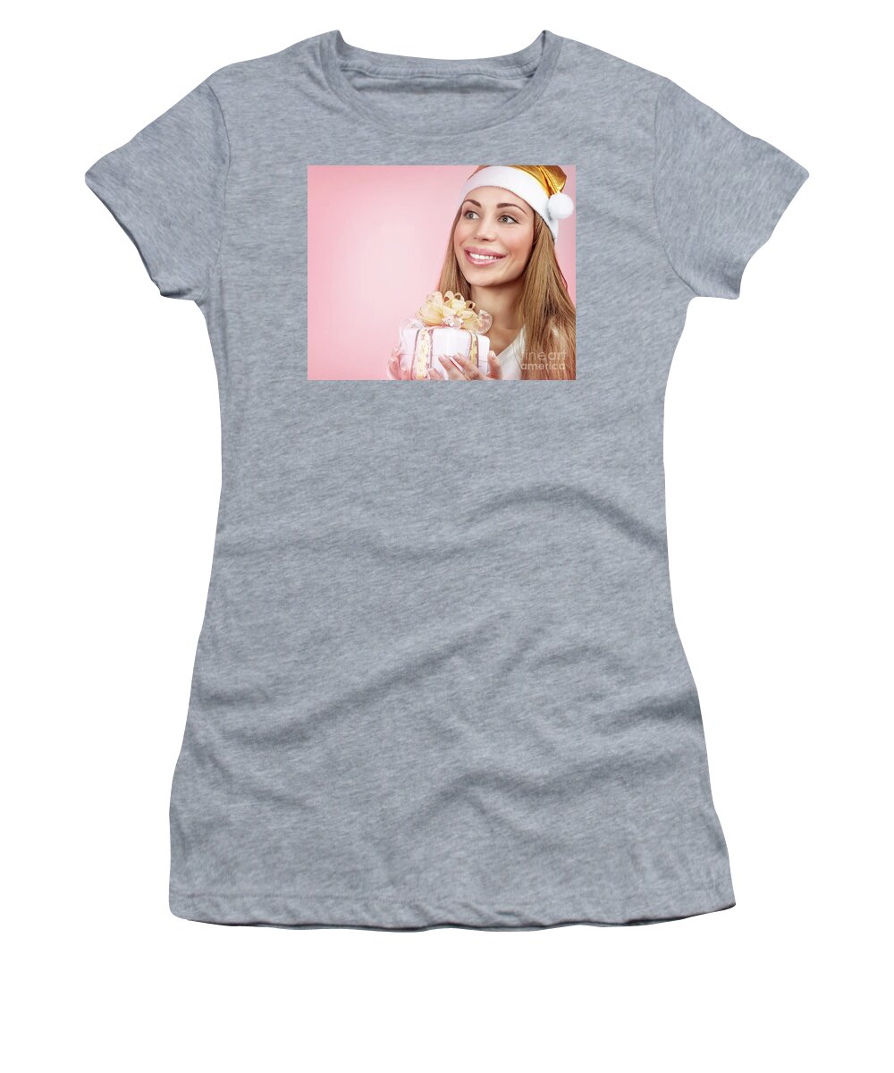 Adult Women's T-Shirt featuring the photograph Happy girl with Christmas gift by Anna Om