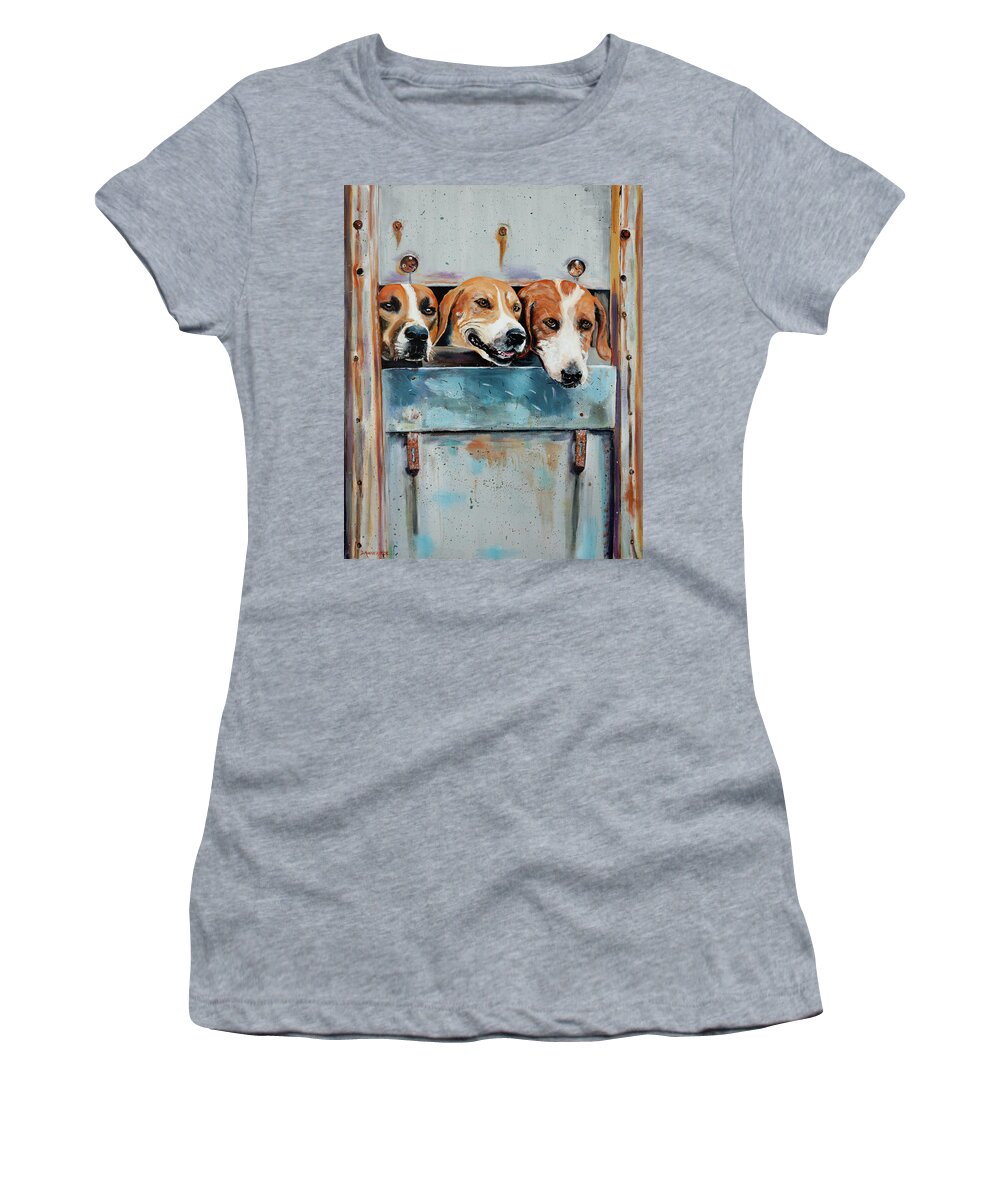 Acrylic Women's T-Shirt featuring the painting Happy Hunt Hounds Head Home by Seeables Visual Arts