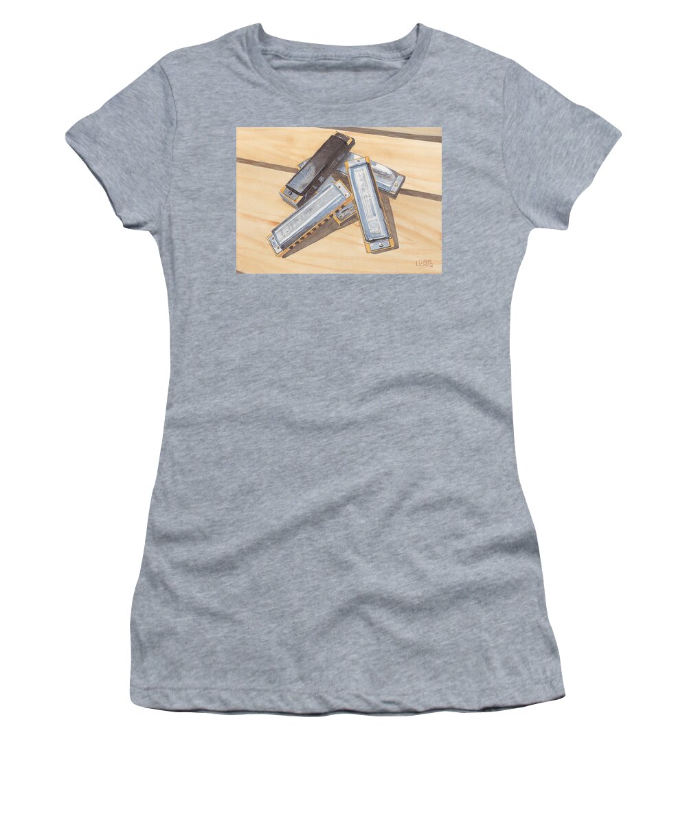 Harmonica Women's T-Shirt featuring the painting Harmonica Pile by Ken Powers