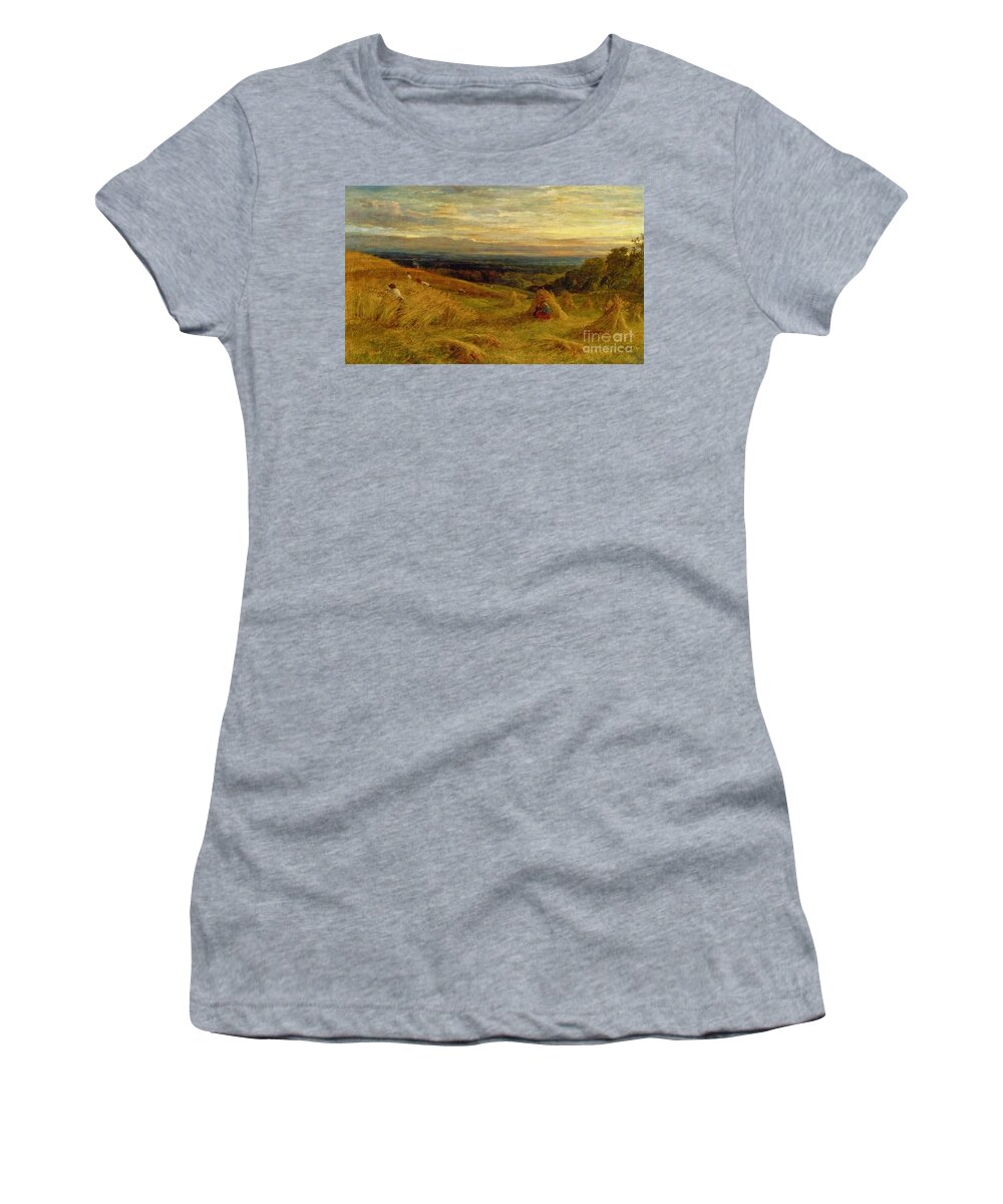 John Linnell - Harvest Time In Sussex Women's T-Shirt featuring the painting Harvest Time in Sussex by MotionAge Designs