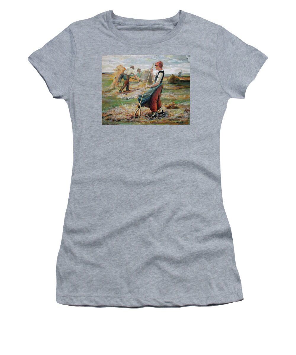 Landscape Women's T-Shirt featuring the painting Hay Field Workers by Mike Benton