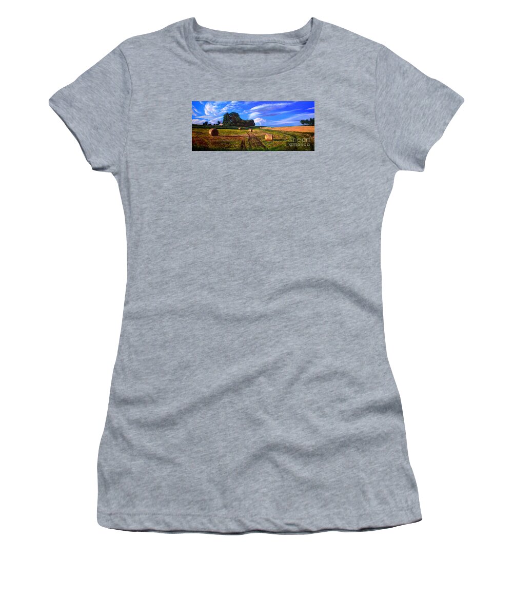Farm Women's T-Shirt featuring the painting Hay Rolls on the Farm in oil painting by Christopher Shellhammer