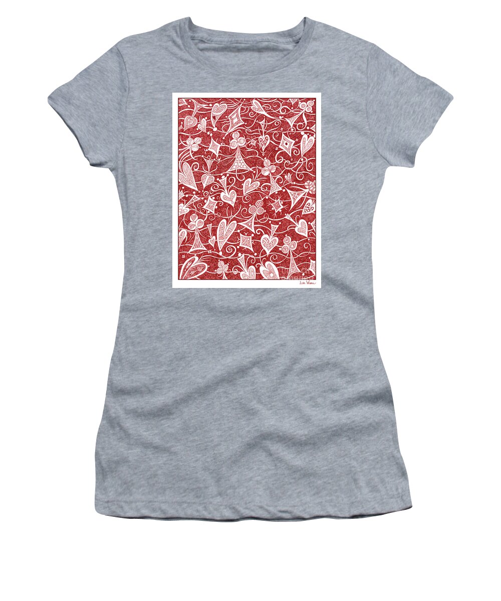 Lise Winne Women's T-Shirt featuring the drawing Hearts, Spades, Diamonds And Clubs In Red by Lise Winne