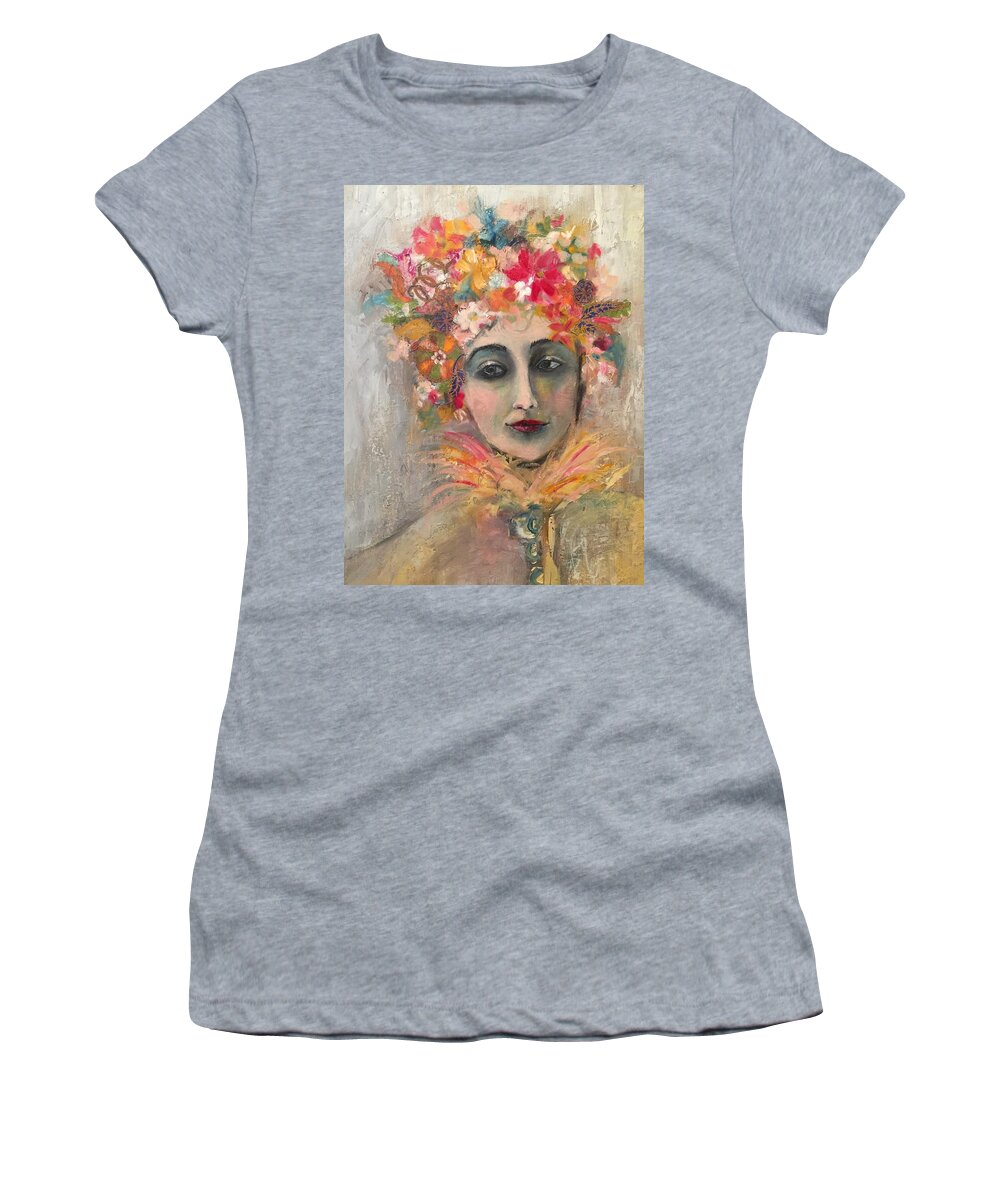 Women Flowers Contemporary Colorful Portrait Women's T-Shirt featuring the mixed media Hedy Lamore by Janet Visser