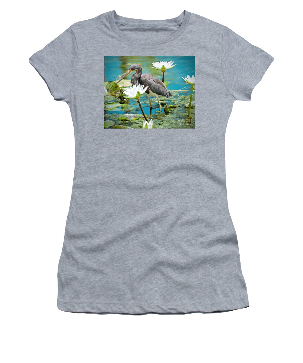 Birds Women's T-Shirt featuring the photograph Heron with Water Lillies by Judy Kay