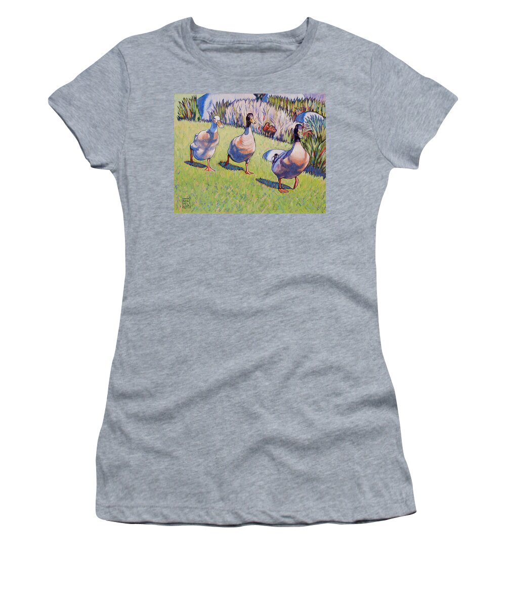 Stacey Neumiller Women's T-Shirt featuring the painting Hey, Wait Up by Stacey Neumiller