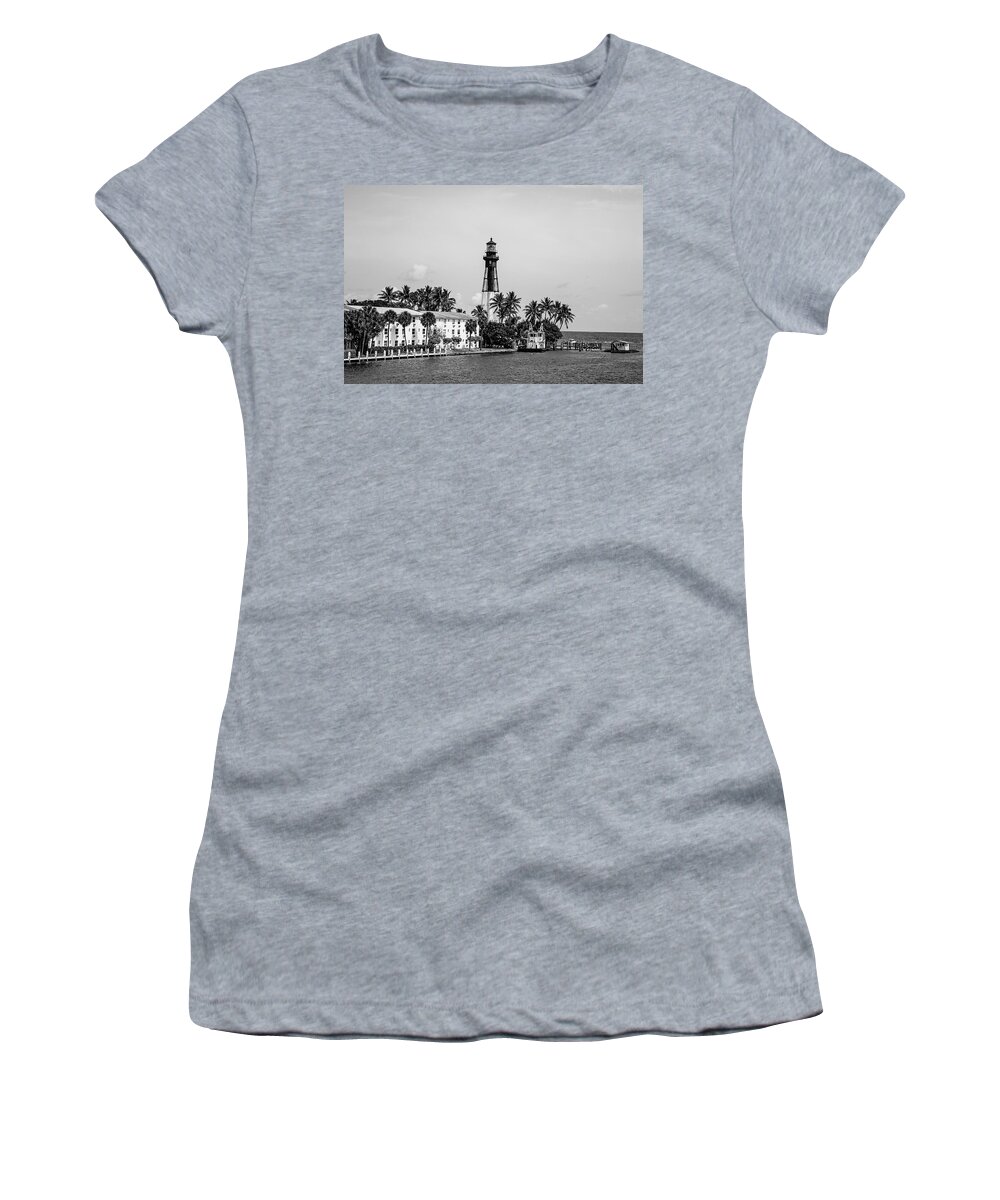 Lighthouse Women's T-Shirt featuring the photograph Hillsboro Inlet Light - BW by Scott Pellegrin