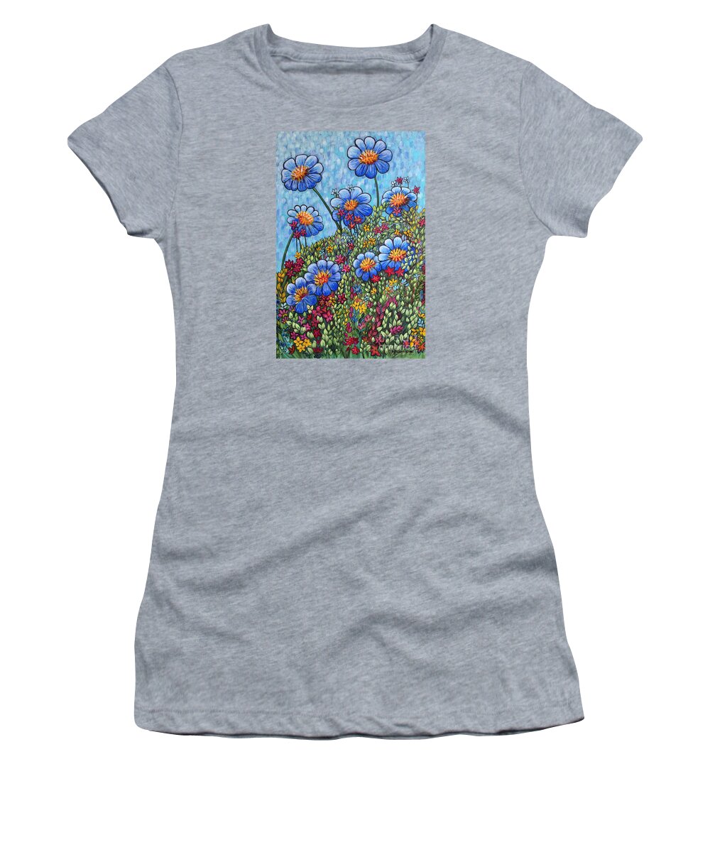 Blue Flowers Women's T-Shirt featuring the painting Hillside Blues by Holly Carmichael