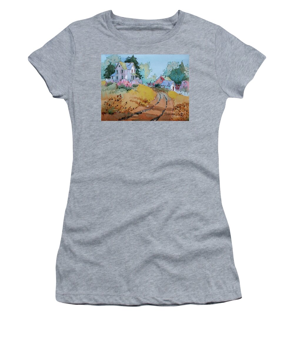 Homestead Women's T-Shirt featuring the painting Hilltop Homestead by Joyce Hicks