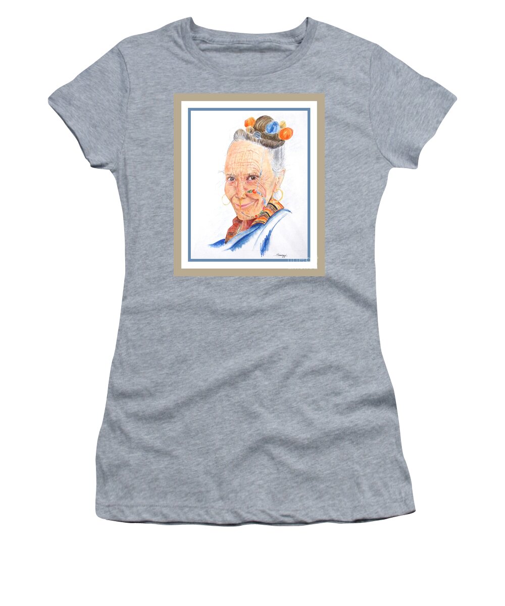 Himalayas Women's T-Shirt featuring the pastel Himalayan Smile Lines -- Portrait of Old Asian Woman by Jayne Somogy