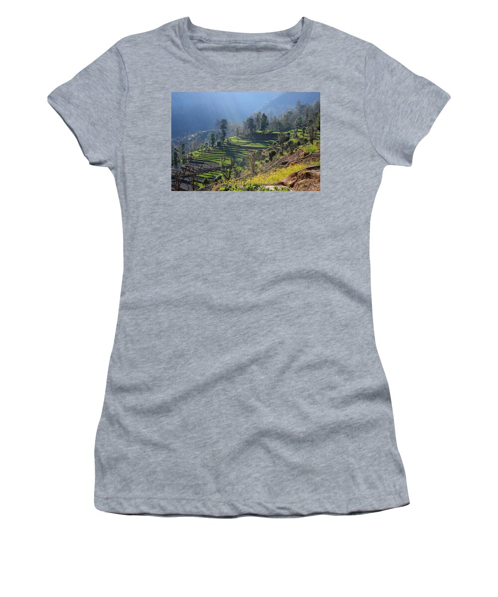 Mountain Women's T-Shirt featuring the photograph Himalayan Stepped Fields - Nepal by Aidan Moran