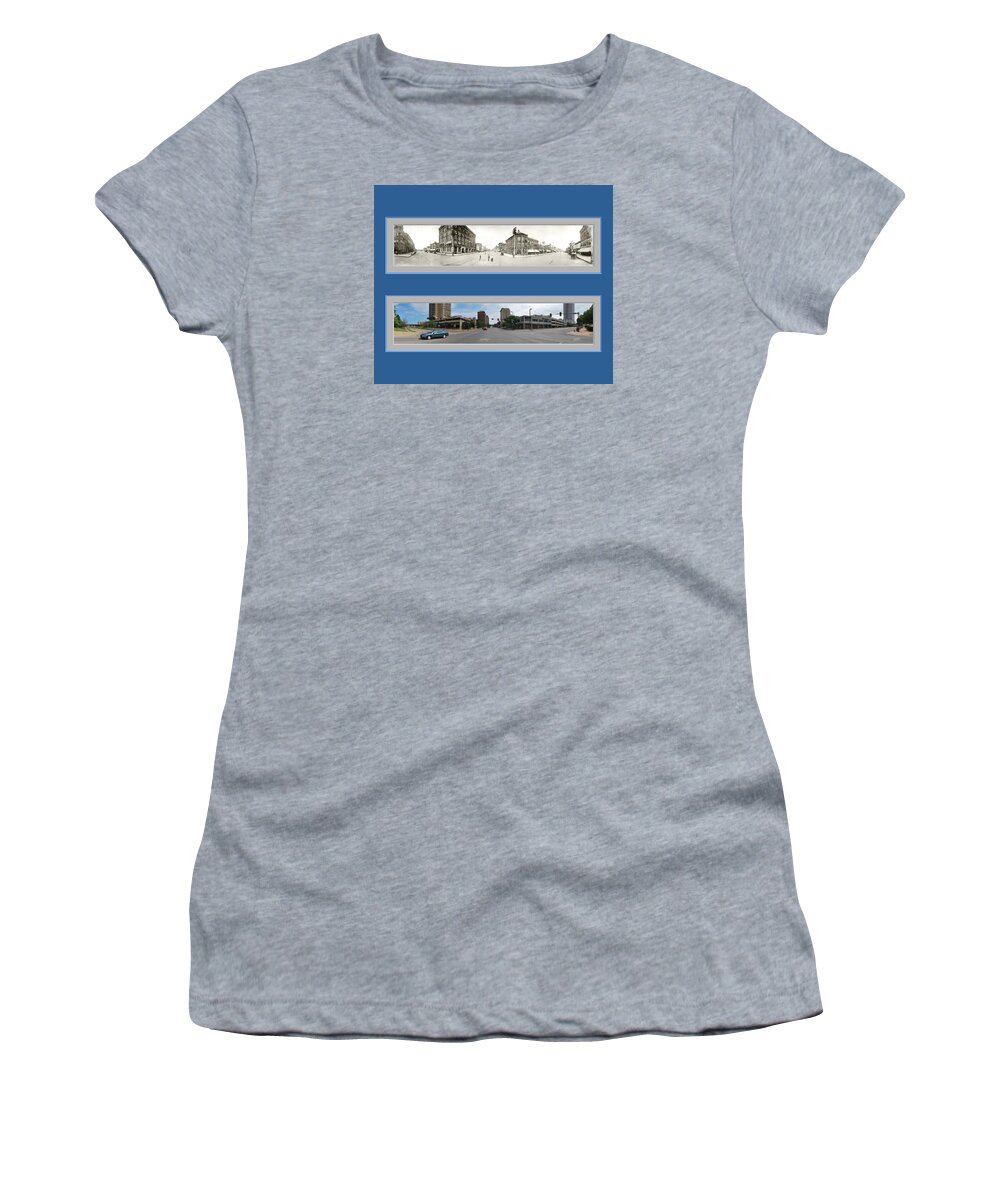 Historic Panorama Panoramic Reproduction Old New Now Then Cedar Rapids Iowa Women's T-Shirt featuring the photograph Historic Cedar Rapids Iowa Panoramic Reproduction by Ken DePue