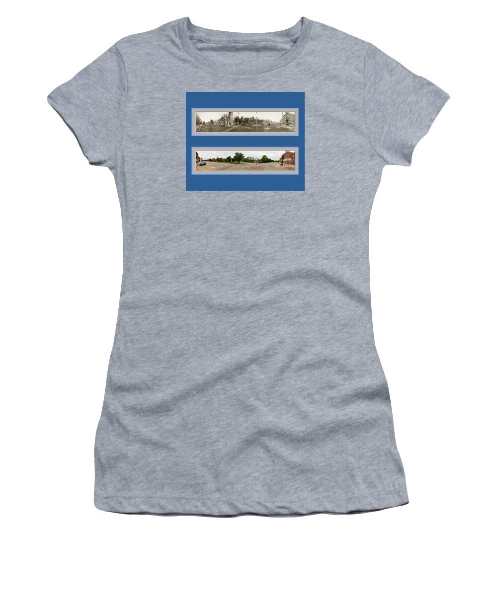 Historic Panorama Panoramic Reproduction Old New Now Then Grinnell Iowa No 1 Women's T-Shirt featuring the photograph Historic Grinnell Iowa Panoramic Reproduction No 1 by Ken DePue