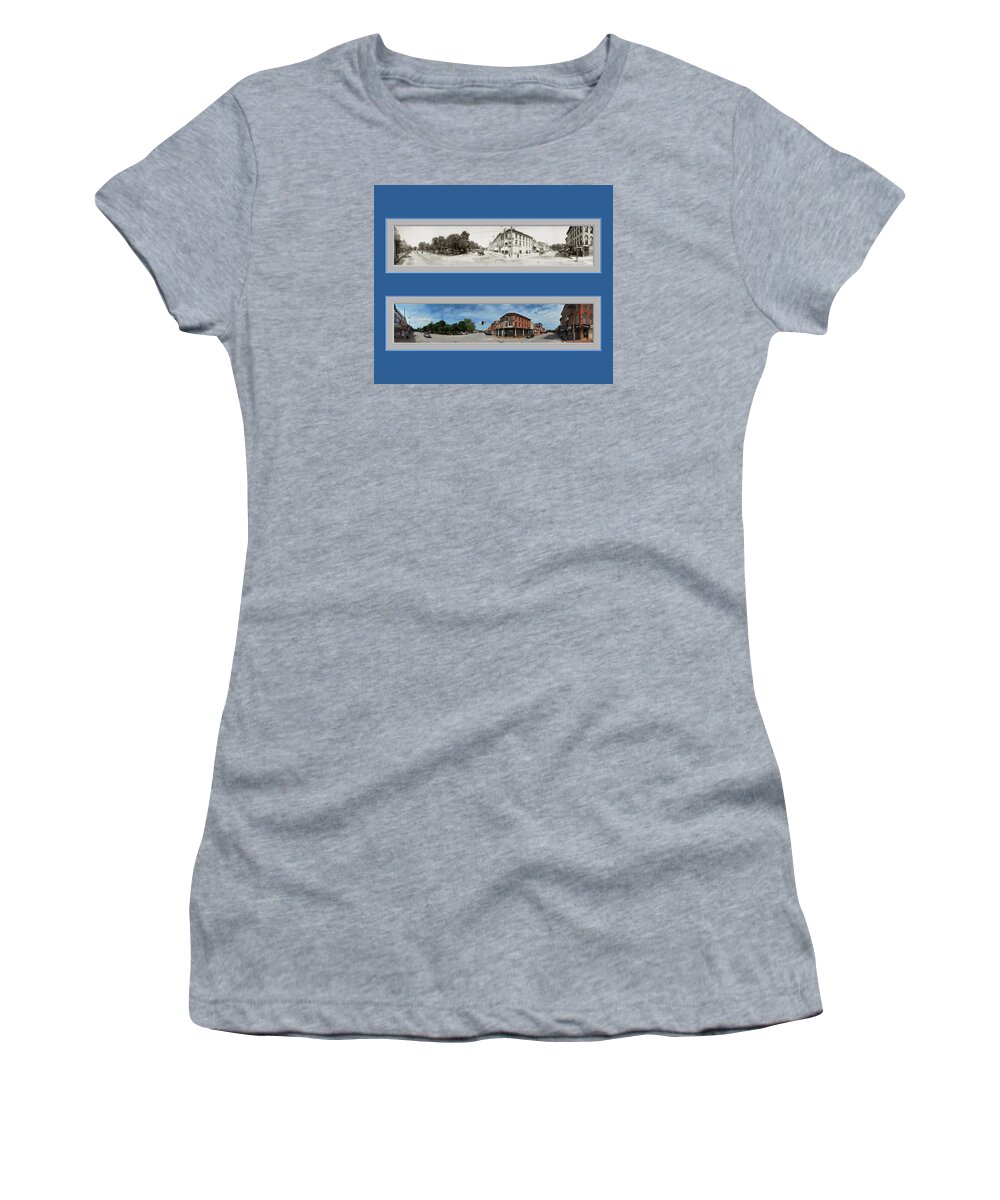 Historic Panorama Panoramic Reproduction Old New Now Then Mount Pleasant Mt Iowa Women's T-Shirt featuring the photograph Historic Mount Pleasant Iowa Panoramic Reproduction by Ken DePue
