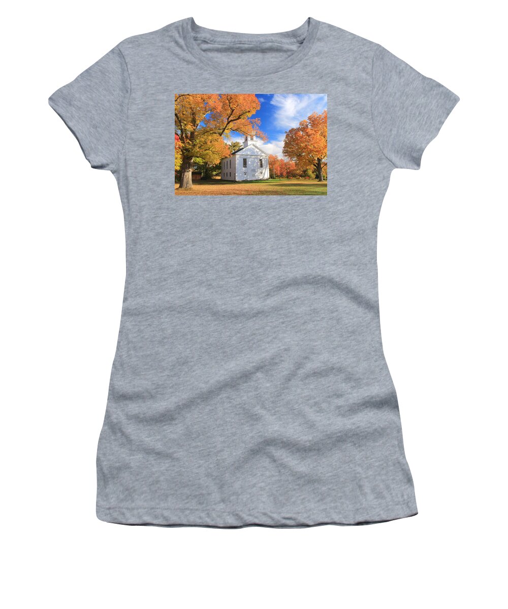 Autumn Women's T-Shirt featuring the photograph Historic New England Meetinghouse and Fall Foliage Ware Massachusetts by John Burk