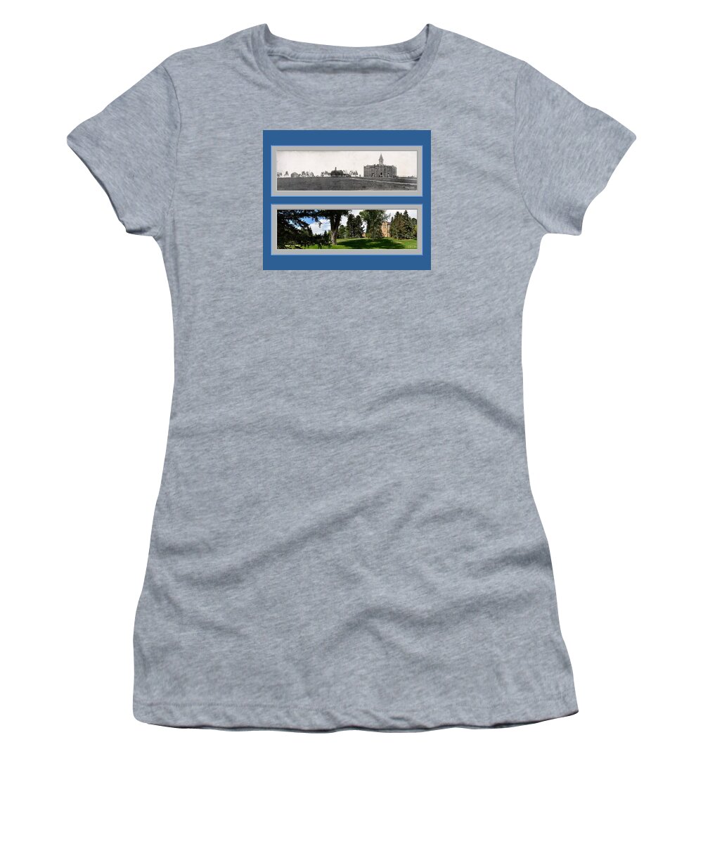 Historic Panorama Panoramic Reproduction Old New Now Then University Of Wy Wyo Wyoming Laramie Women's T-Shirt featuring the photograph Historic University of Wyoming Panoramic Reproduction Laramie by Ken DePue