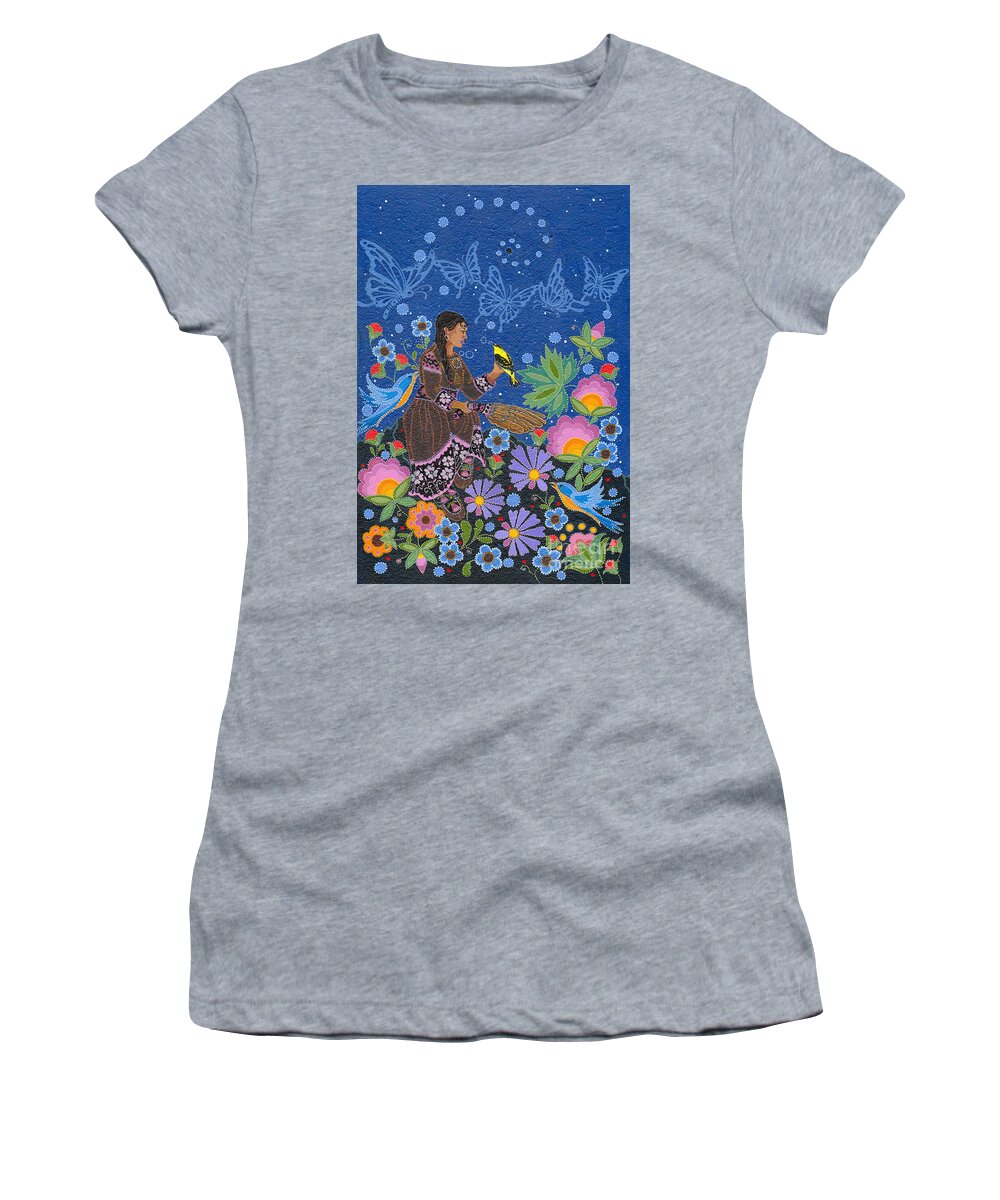 Native Women Women's T-Shirt featuring the painting Hole In the Sky's Daughter by Chholing Taha